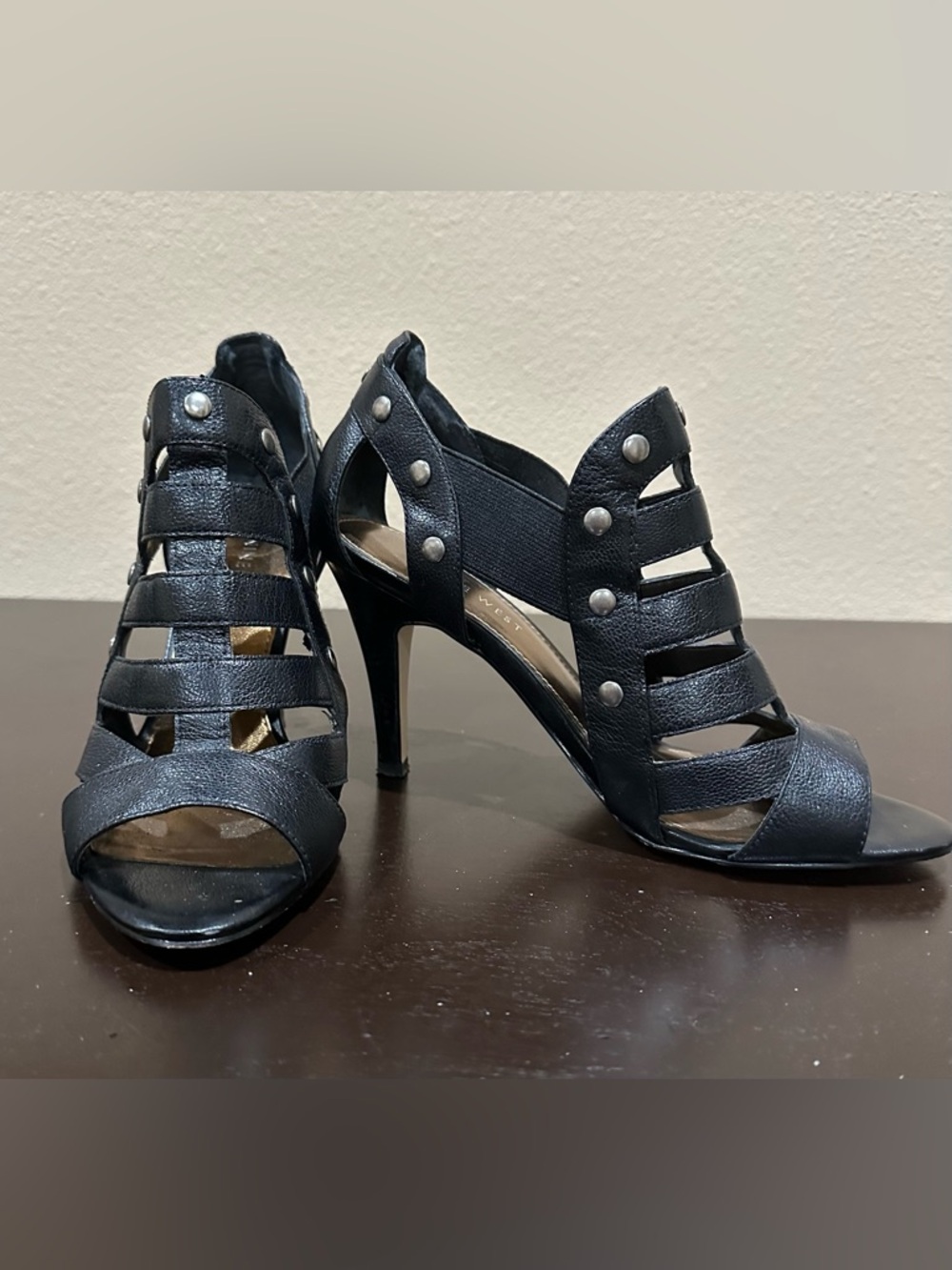 Nine West Black Strappy Studded Open-Toe Heels